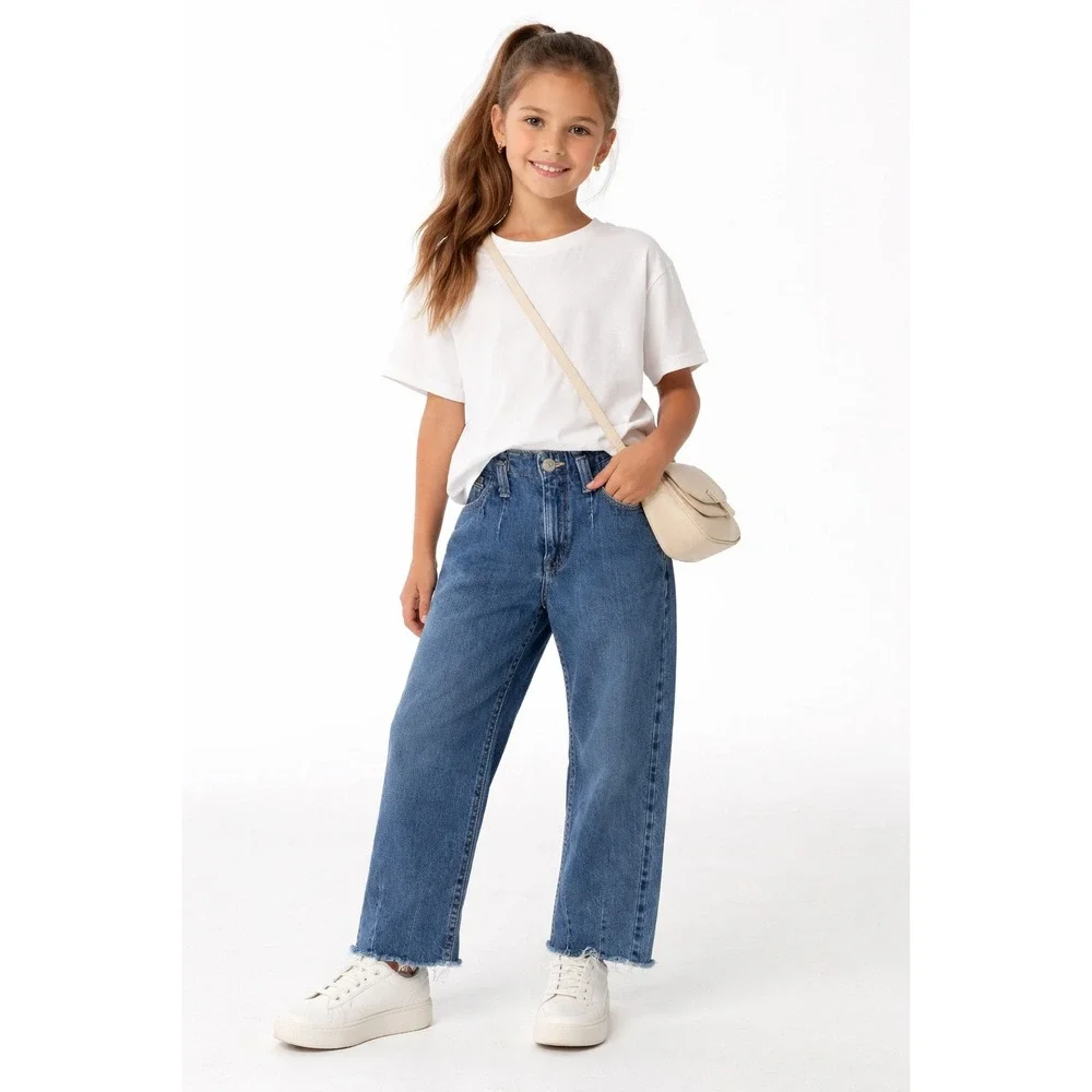 Polo Ralph‎ Lauren Girls Pleated Wide Leg Jeans Medium Wash Raw Hem Size 10 M2